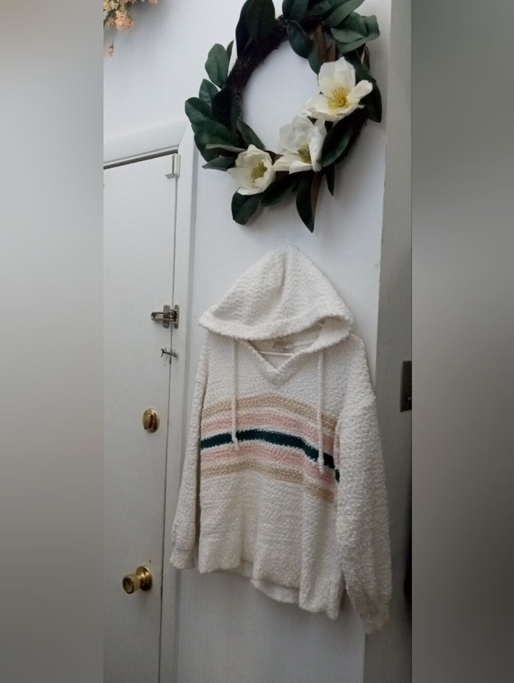 LOFT Cream Hooded Sweater with Pink and Teal Stripes
